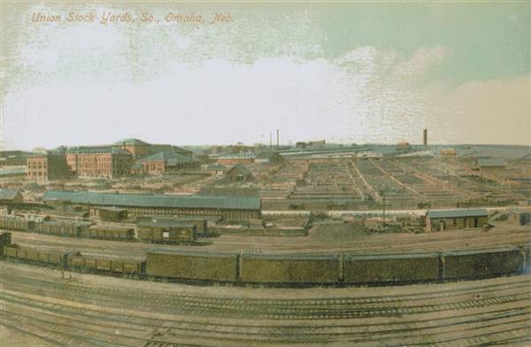 Postcard image of the trains and stockyards